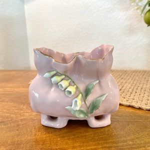 Vintage Footed Pink Porcelain Vase w/ Applied Flowers and Gold Trim